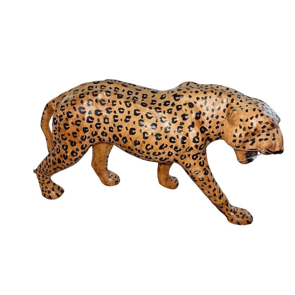 Vintage Leather Wrapped Paper Mache Leopard Green Eyes Teeth Whiskers